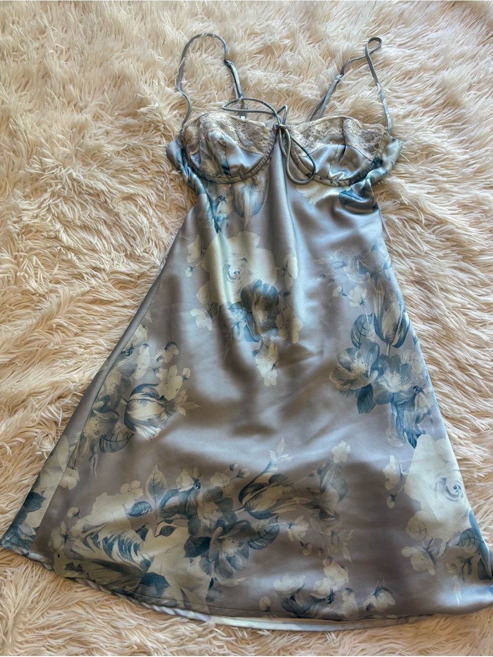 Cotton Candy LA Light Blue Satin Slip Dress with Floral Accent-Y2K Cottagecore
